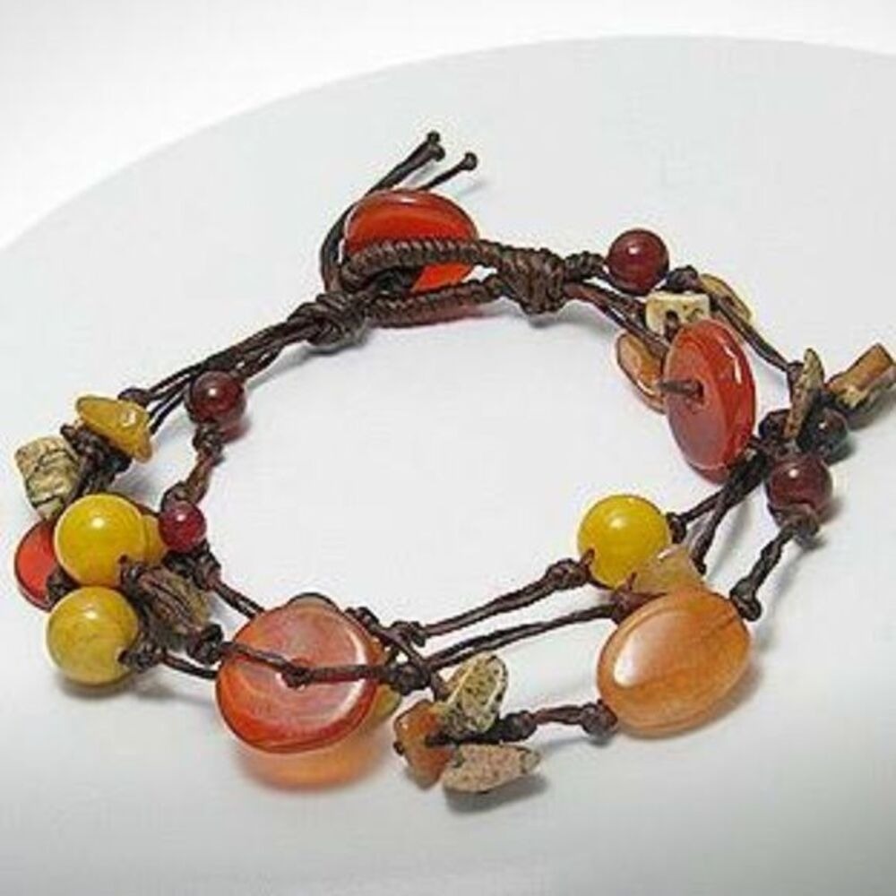 Natural‎ Stone Agate Beaded Bracelet Cotton Cord 6.5 inch